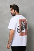 Unisex Bisiklet Yaka Baskılı Oversize T-Shirt - Beyaz thumbnail 5