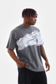 Unisex Bisiklet Yaka Baskılı Oversize T-Shirt - Gri - 4