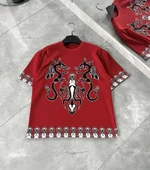 Unisex Bisiklet Yaka Baskılı Oversize T-Shirt - Kırmızı thumbnail 1