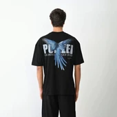 Unisex Bisiklet Yaka Baskılı Oversize T-Shirt - Siyah thumbnail 5