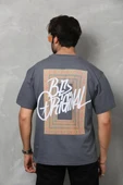 Unisex Bisiklet Yaka Baskılı Oversize T-Shirt - Füme - 2