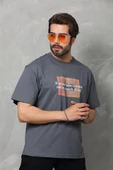 Unisex Bisiklet Yaka Baskılı Oversize T-Shirt - Füme - 4