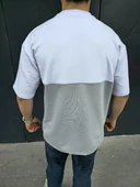 Unisex Torba Cep Detaylı Parçalı T-Shirt - Gri thumbnail 6