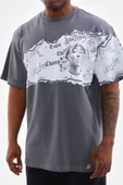 Unisex Bisiklet Yaka Baskılı Oversize T-Shirt - Gri - 1