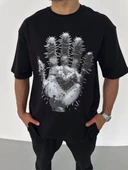 Unisex Bisiklet Yaka Baskılı Oversize T-Shirt - Siyah thumbnail 2