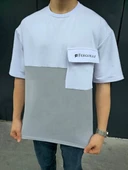 Unisex Torba Cep Detaylı  Parçalı T-Shirt - Gri thumbnail 1