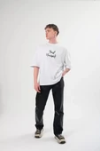 Unisex Bisiklet Yaka Baskılı Oversize T-Shirt - Beyaz thumbnail 1