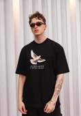 Unisex Bisiklet Yaka Baskılı Oversize T-Shirt - Siyah - 1