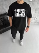 Unisex Bisiklet Yaka Katlanan Baskılı T-Shirt - Siyah - 1