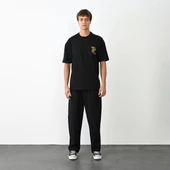 Unisex Bisiklet Yaka Baskılı Oversize T-Shirt - Siyah thumbnail 1