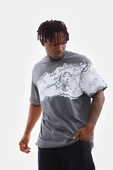 Unisex Bisiklet Yaka Baskılı Oversize T-Shirt - Gri - 3