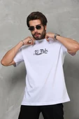 Unisex Bisiklet Yaka Baskılı Oversize T-Shirt - Beyaz thumbnail 1