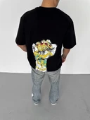 Unisex Bisiklet Yaka Baskılı Oversize T-Shirt - Siyah - 2