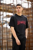 Unisex Bisiklet Yaka Baskılı Oversize T-Shirt - Siyah - 4