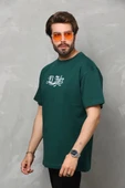 Unisex Bisiklet Yaka Baskılı Oversize T-Shirt - Yeşil - 4