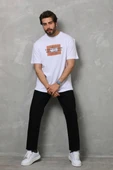 Unisex Bisiklet Yaka Baskılı Oversize T-Shirt - Beyaz thumbnail 6
