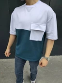 Unisex Torba Cep Detaylı Parçalı T-Shirt - Lacivert thumbnail 1