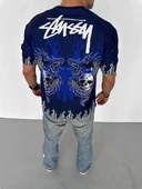 Unisex Bisiklet Yaka Baskılı Oversize T-Shirt - Lacivert thumbnail 4