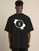 Unisex Bisiklet Yaka Baskılı Oversize T-Shirt - Siyah thumbnail 2