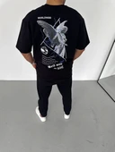 Unisex Bisiklet Yaka Baskılı Oversize T-Shirt - Siyah - 3