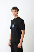 Unisex Bisiklet Yaka Baskılı Oversize T-Shirt - Siyah - 3