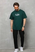 Unisex Bisiklet Yaka Baskılı Oversize T-Shirt - Yeşil - 1