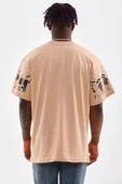 Unisex Bisiklet Yaka Baskılı Oversize T-Shirt - Bej thumbnail 8