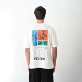 Unisex Bisiklet Yaka Baskılı Oversize T-Shirt - Beyaz thumbnail 5