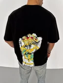 Unisex Bisiklet Yaka Baskılı Oversize T-Shirt - Siyah - 3