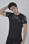 Unisex Göğüs Fermuarlı Baskılı T-Shirt - Siyah - 1