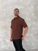 Yakalı Patlı Kısa Kol T-shirt - Kahverengi thumbnail 1