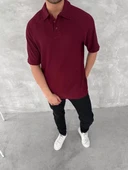 Yakalı Patlı Kısa Kol T-shirt - Bordo thumbnail 3