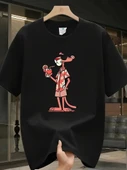 Pembe Panter Baskılı Erkek Oversize Günlük Kısa Kollu Tişört İlkbahar ve Yaz için Mükemmeldir - Siyah thumbnail 1
