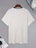 20/1 Penye Compack Palmiye Ön Baskılı Oversize Bisiklet Yaka Kısa Kol Yazlık T-shirt - Beyaz thumbnail 5