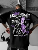 Erkek OversizeGrafik Tişört "CAMPBRASTCOOPERATION" Kalın Yazı Bisiklet Yaka, Kısa Kol, Kalın Mor ve Siyah Desenli Yazlık thumbnail 1