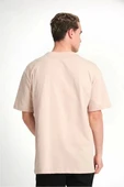 Unisex Düz Biskilet Yaka Oversize T-shirt - Bej thumbnail 2