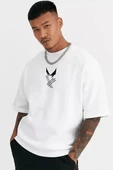 Unisex Bisiklet Yaka Baskılı Oversize T-Shirt - Beyaz - 1