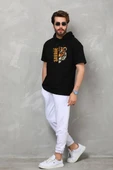 Unisex Kapşonlu Kısa Kol Oversize Baskılı T-Shirt - Siyah - 1