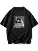 "Neden Bana Bakıyorsun?" Komik Kedi Grafik Tişört - Dijital Baskılı Siyah Bol Kesim Streetwear Tişört, Erkekler için Dör thumbnail 1