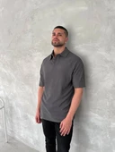 Yakalı Patlı Kısa Kol T-shirt - Antrasit thumbnail 4