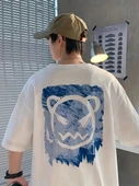 20/1 Penye Compack Bisiklet Yaka Kore tarzı sevimli ayı baskı Kısa Kol Erkek t-shirt - Beyaz thumbnail 1