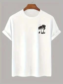 20/1 Penye Compack Palmiye Baskılı Oversize Bisiklet Yaka Kısa Kol T-shirt - Beyaz thumbnail 1