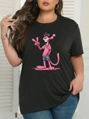20/1 Penye Compack Pembe Panter Baskılı Oversize Bisiklet Yaka Kısa Kol Yazlık T-shirt - Beyaz thumbnail 1