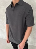 Yakalı Patlı Kısa Kol T-shirt - Antrasit thumbnail 3