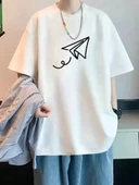 20/1 Penye Compack Uçak Baskılı Oversize Bisiklet Yaka Kısa Kol T-shirt - Beyaz thumbnail 1