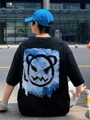 20/1 Penye Compack Bisiklet Yaka Kore tarzı sevimli ayı baskı Kısa Kol Erkek t-shirt - Siyah thumbnail 5