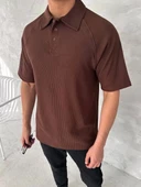 Yakalı Patlı Kısa Kol T-shirt - Kahverengi thumbnail 4