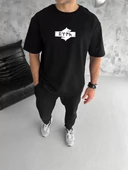 Unisex Bisiklet Yaka Baskılı Double Oversize T-Shirt - Siyah - 2