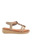 Voyager Bej Hakiki Deri Taş İşlemeli Kadın Düz Sandalet - 1