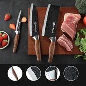 3’lü Şef Bıçağı Seti Paslanmaz Çelik, El Dövmesi Desen, Ergonomik Ahşap Sap Mutfak ve Et Doğrama Bıçakları - 1